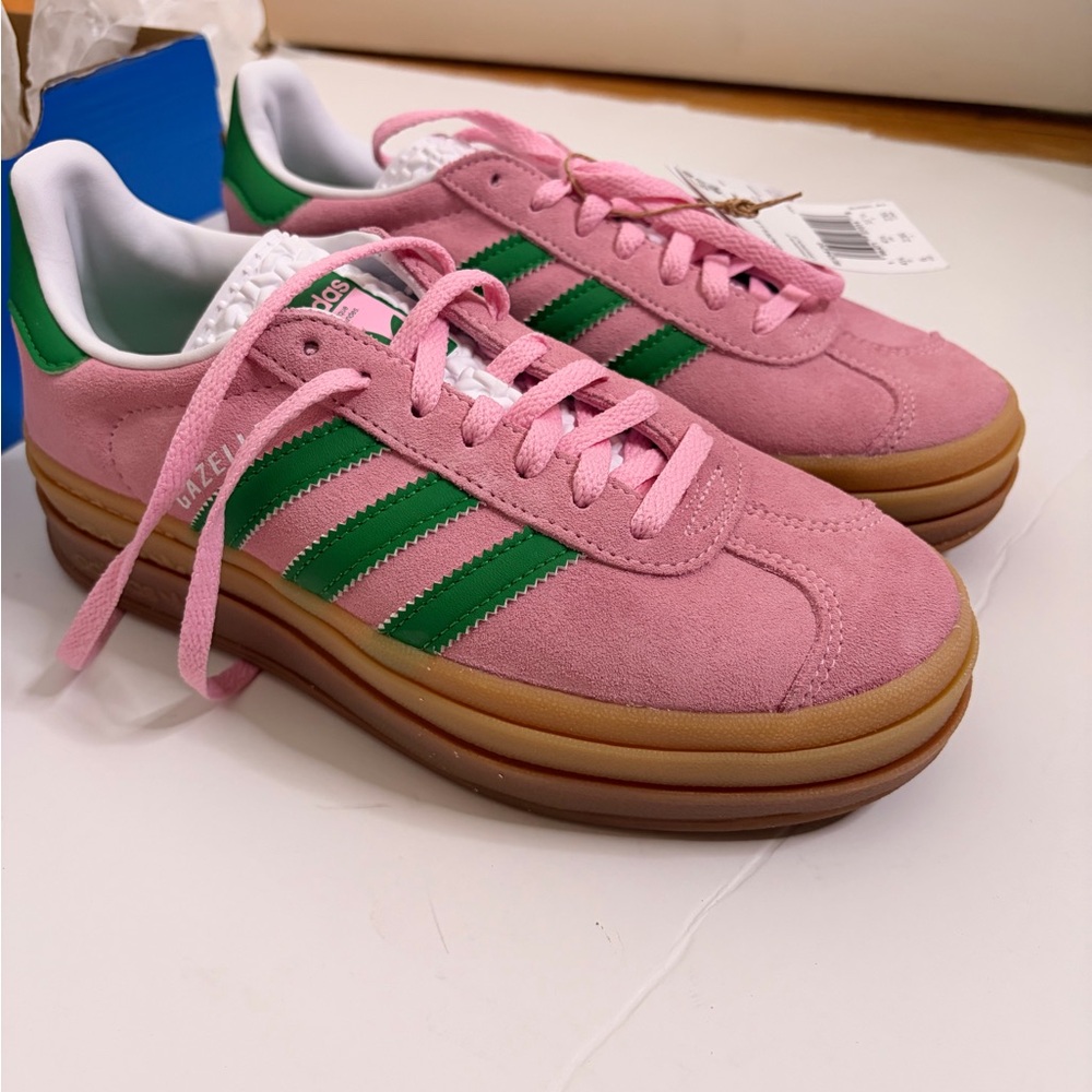 adidas Gazelle Bold Sneakers in Pink Suede with Green Stripes - Size 6 - Picture 6 of 15